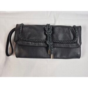 Tommy Bahama Soft Black Leather Clutch Wristlet Braided Trim Large Envelope
